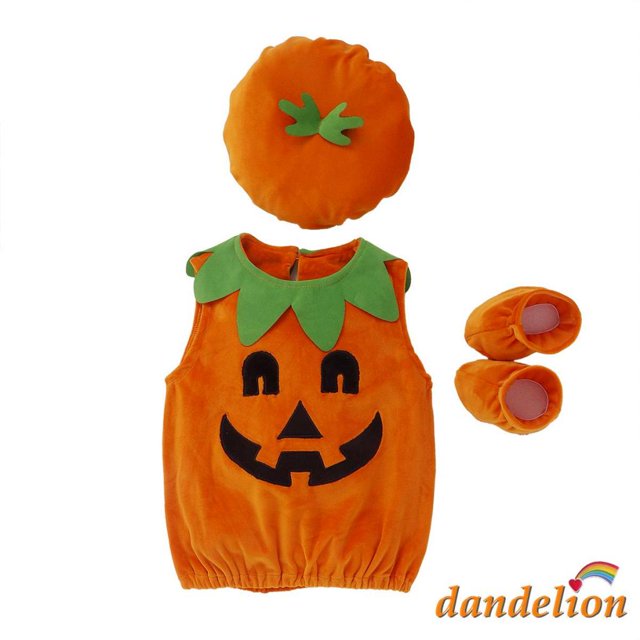 * 0-3 Años Bebé Halloween Cosplay Disfraz Calabaza Impresión Tops + Zapatos Sólidos + Sombrero Patchwork