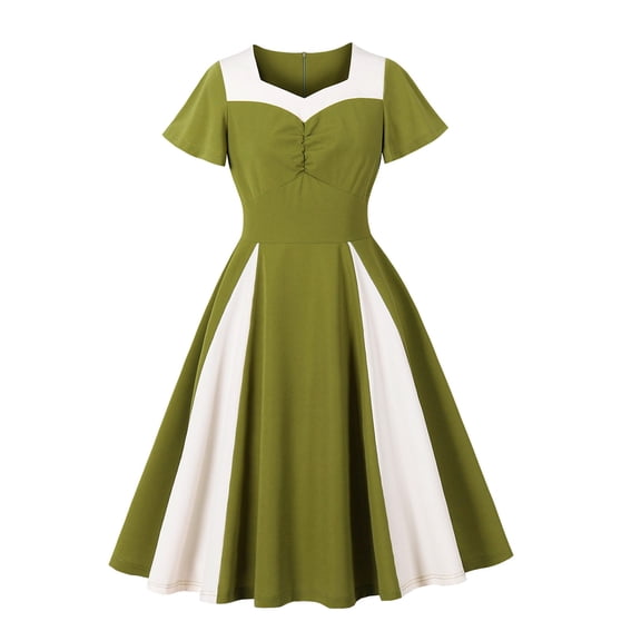 Levmjia Women's Dress Short Sleeve V Neck Color Block Midi Dress Casual Elegant High Waisted A Line Summer Dress