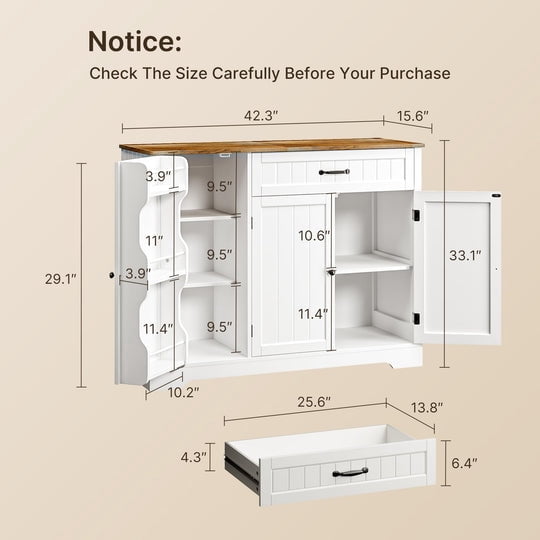 Aiho 42” Coffee Bar Cabinet with Storage, Kitchen Storage Cabinet, Sideboard Buffet Cabinet with 8 Shelves, 1 Drawer - White and Retro