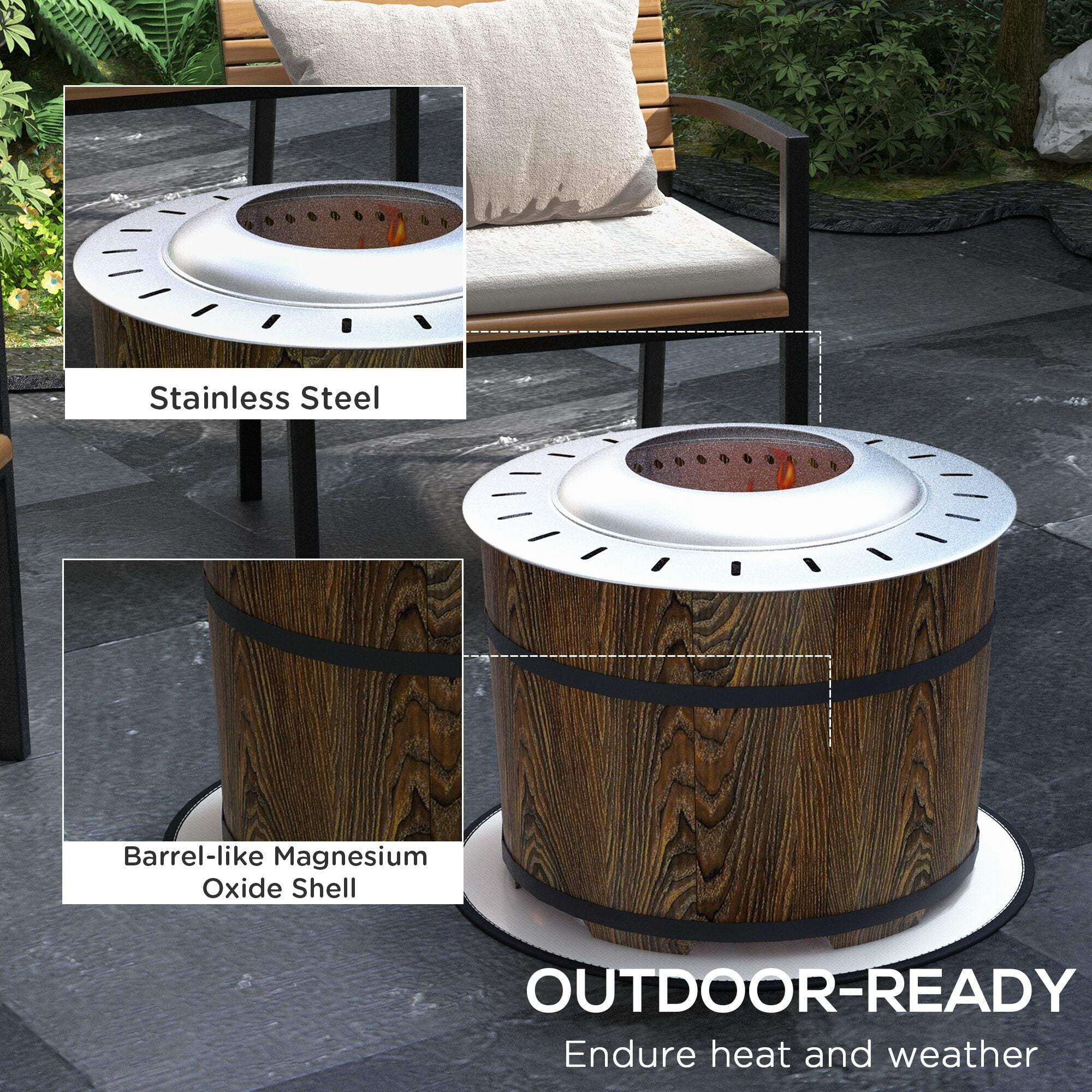 Outdoor Grill, Smokeless Fire Pit with Fireproof Mat, 20" Barrel Style Portable Wood Burning Firepit, Magnesium Oxide Low Smoke Camping Bonfire Stove for Backyard, Patio, Picnic, Brown, BBQ Grill
