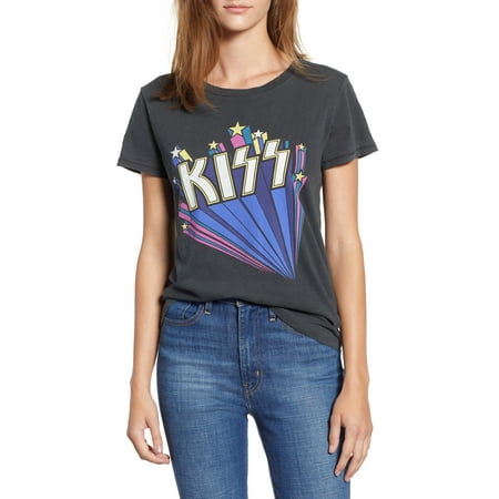 LUCKY BRAND Womens Gray Kiss Logo Graphic Short Sleeve Crew Neck T-Shirt Top Size: L