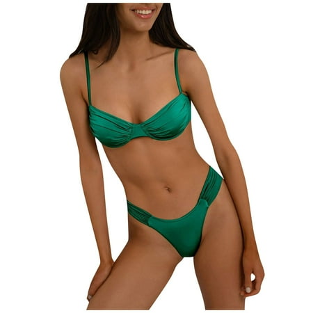 DNDKILG Two Piece Swimsuit for Women High Cut Bikini Set Low Rise Thong Ruched Bathing Suit Green M