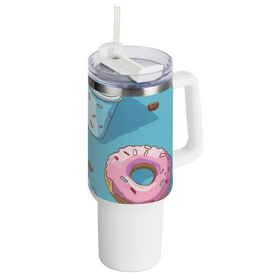 Coffee Cups Donuts 40 oz Tumbler with Handle Insulated Travel Mug Lid Straw Leak Proof Steel Vacuum Water Bottles Glasses Fits in Car Cup Holder