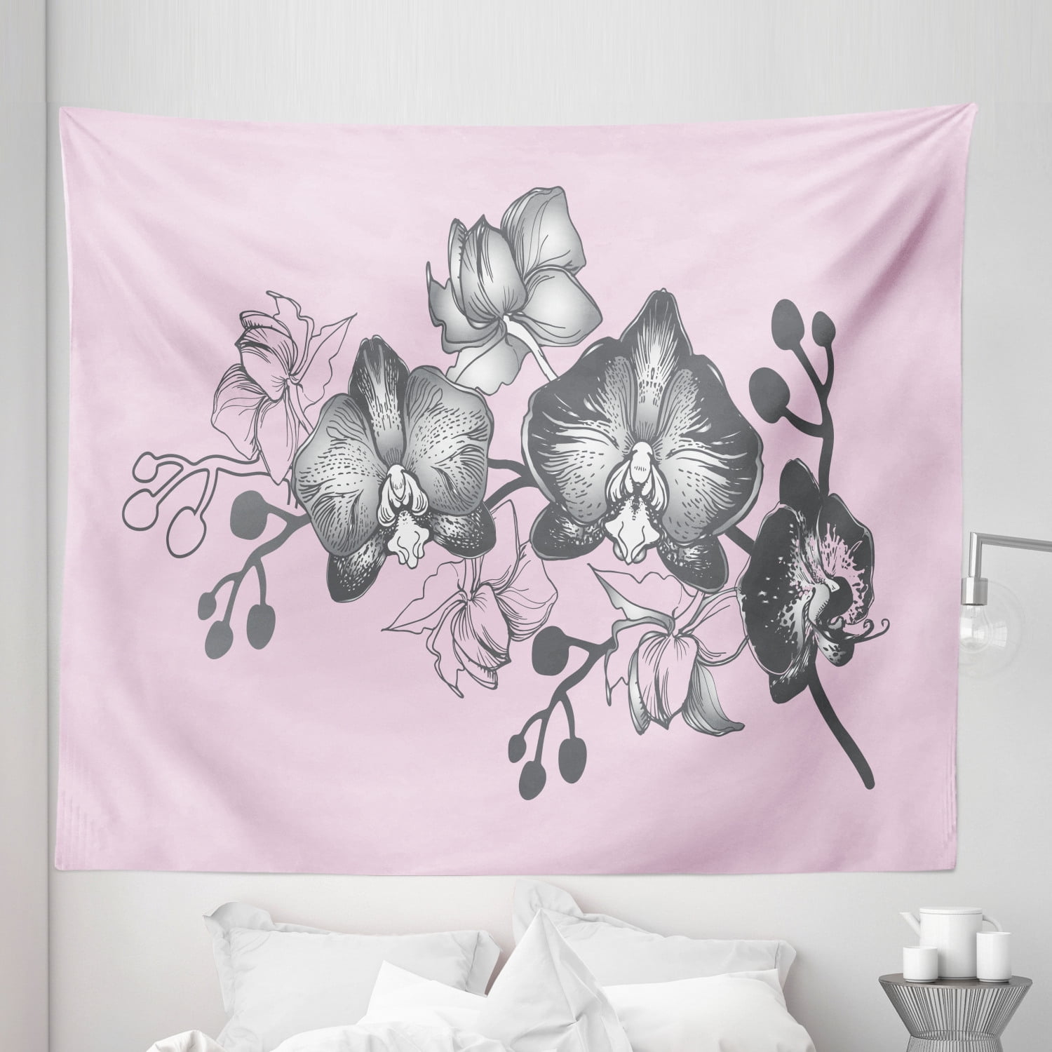 Pink and Grey Tapestry, Orchid Branch on a Plain Background Botanical