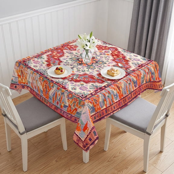 Orange Red Boho Table Cloth Waterproof Tablecloths, Vintage Flower Tribal Distressed Printed Tablecloth Dining Table Cover for Kitchen Party Tabletop Outdoor, Square Tablecloth 54x54 Inch