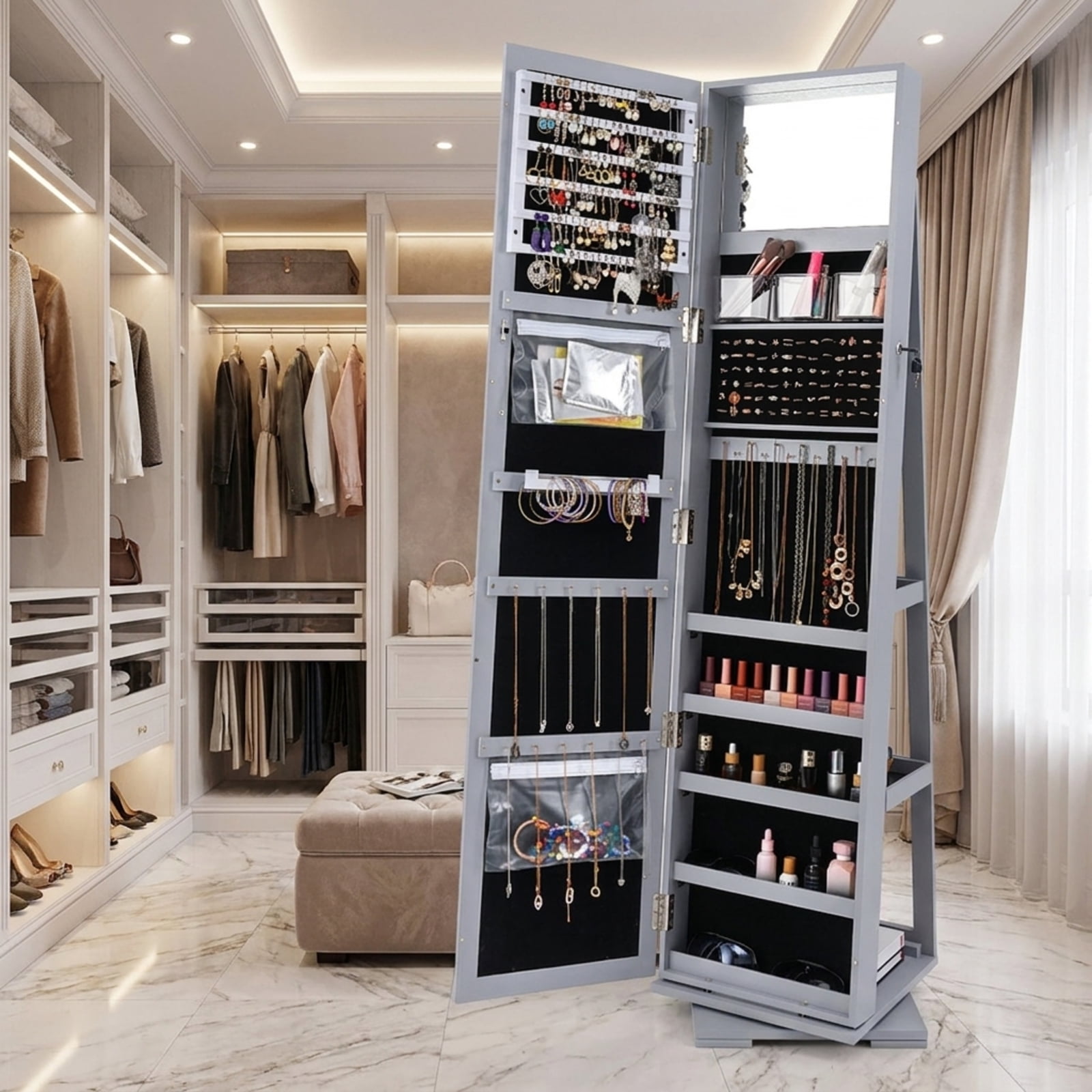 Furnibear 360° Rotatable 2-in-1 Lockable Jewelry Cabinet with Full-Length Mirror for Bedroom Dressing Room Jewelry Necklace Rings Storage Mirror, Gray