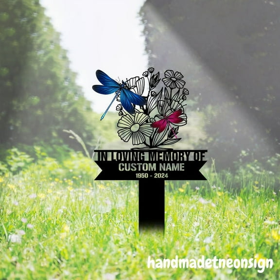 Handmadetneonsign Dragonfly Memorial Stake, Dragonfly Garden Metal Stake, Yard Stake Outdoor Decor 043153