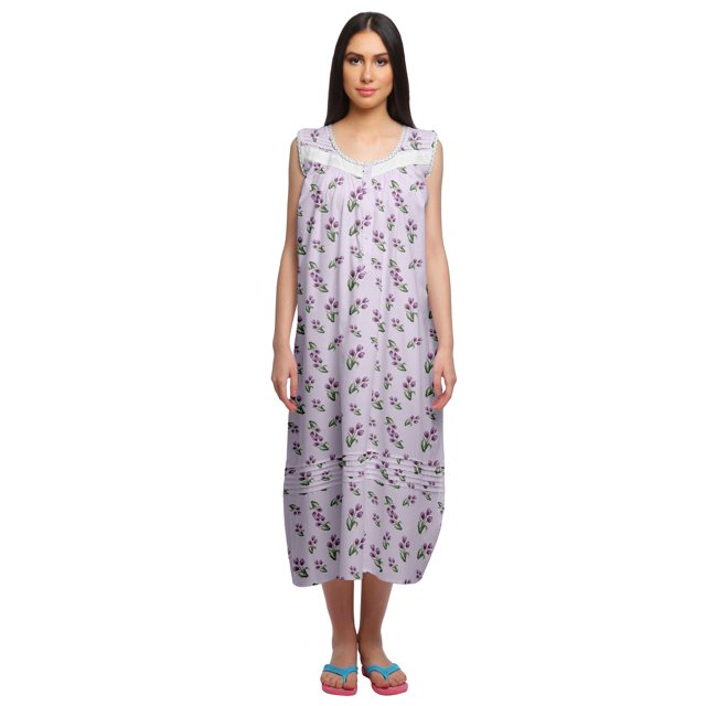 Moomaya Chemise de Nuit Imprimée pour Femmes Mi-Longue en Coton avec Manches
