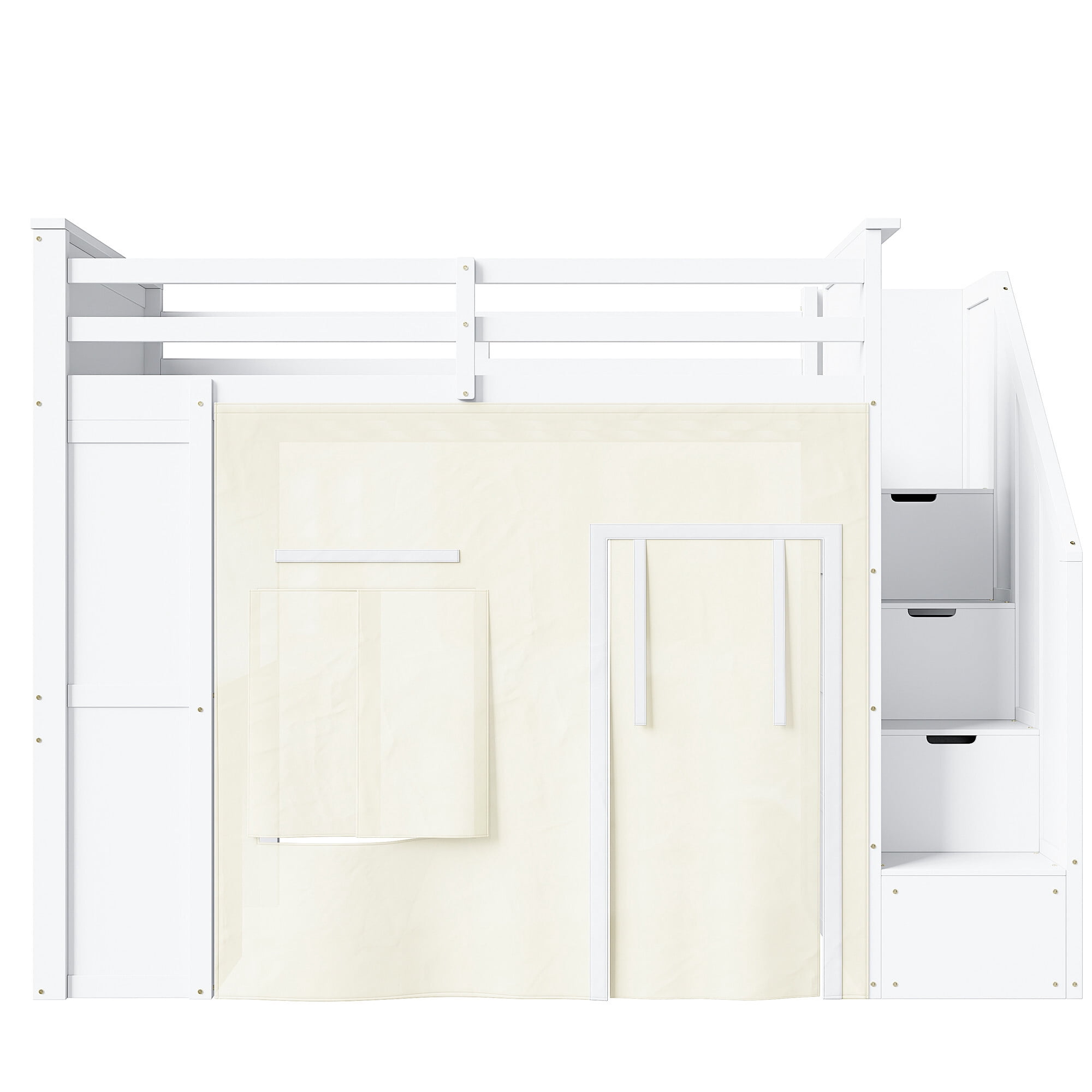 Euroco Wood Twin Size Loft Bed with Desk and Drawers, Storage Bed with Shelves and Curtain, White
