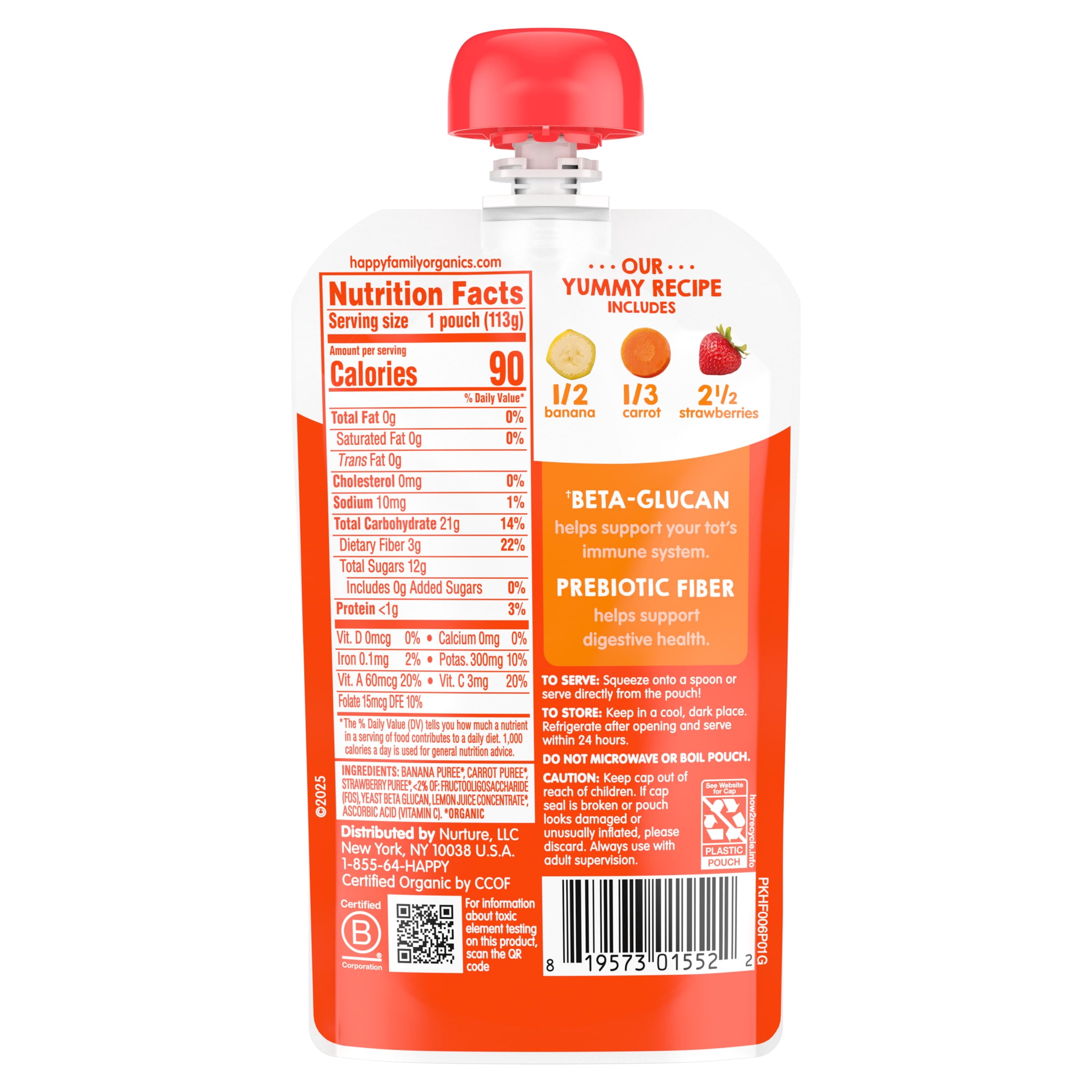 (12 pack) Happy Tot, Stage 4 Organic Baby Food, Banana Carrots & Strawberry, 4 oz. Pouch