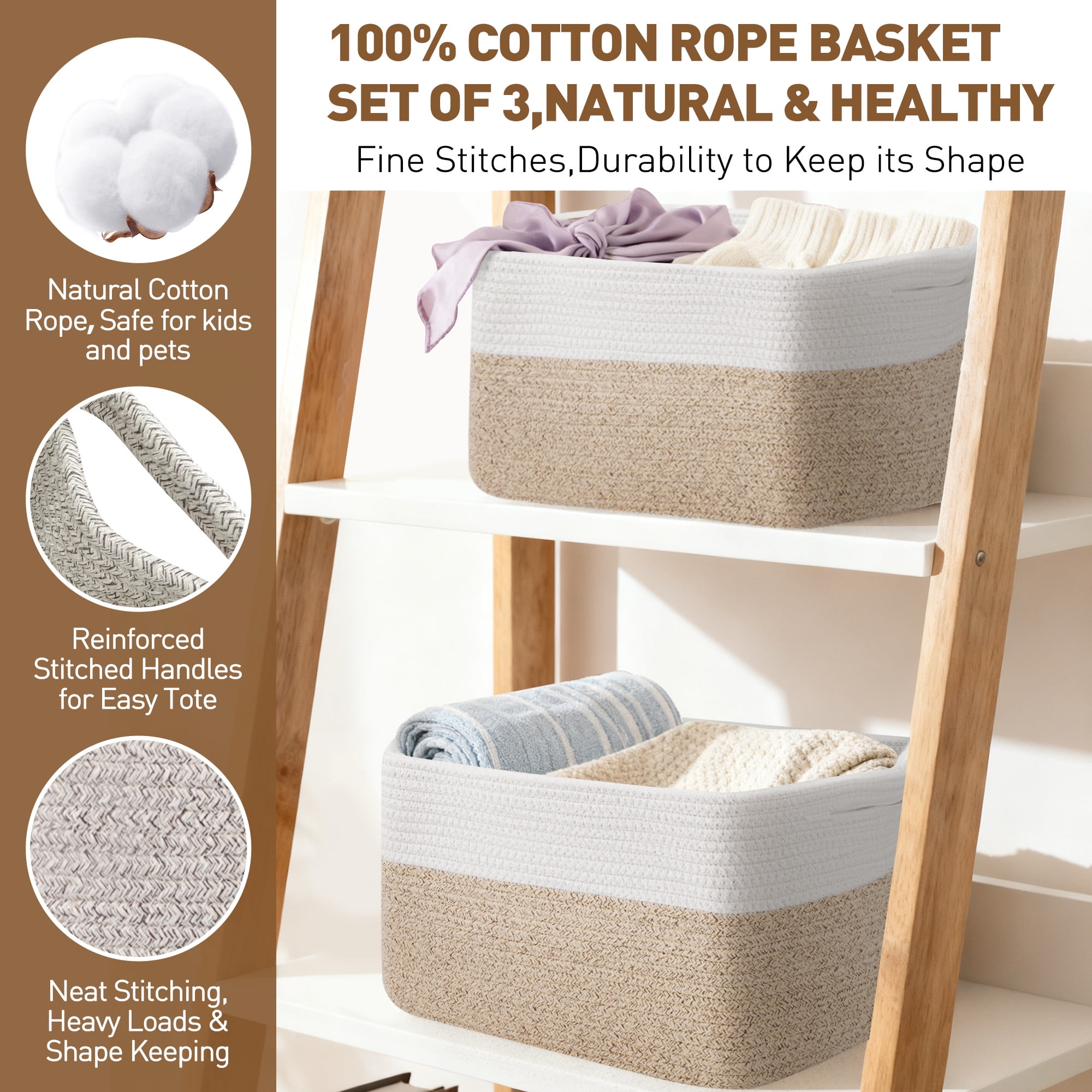 3 Pack Storage Basket, 11”x11”x9” (18L)Rectangle Woven Baskets for Storage, Cotton Rope Basket for toys, Towel Baskets, Closet Organizer Bins Shelves Organizer, Decorative Basket(Brown&White)