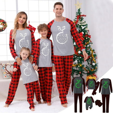 

Pxxlle Matching Pajamas for Family Christmas Novelty Glow in the Dark Print Holiday Pjs Sets Plaid Graphic Blouse with Pants Outfits Xmas Parent kids Sleepwear Sets for Infant