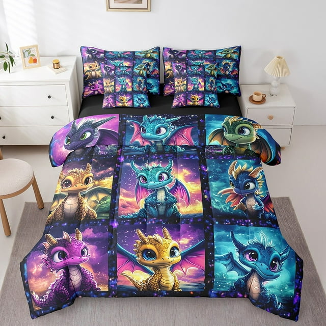 Erosebridal Ensemble de Literie Dragon Dessin Animé Format Simple, Ensemble de Lit Galaxie de Rêve, Déco Patchwork d'Animaux, Super Douillet