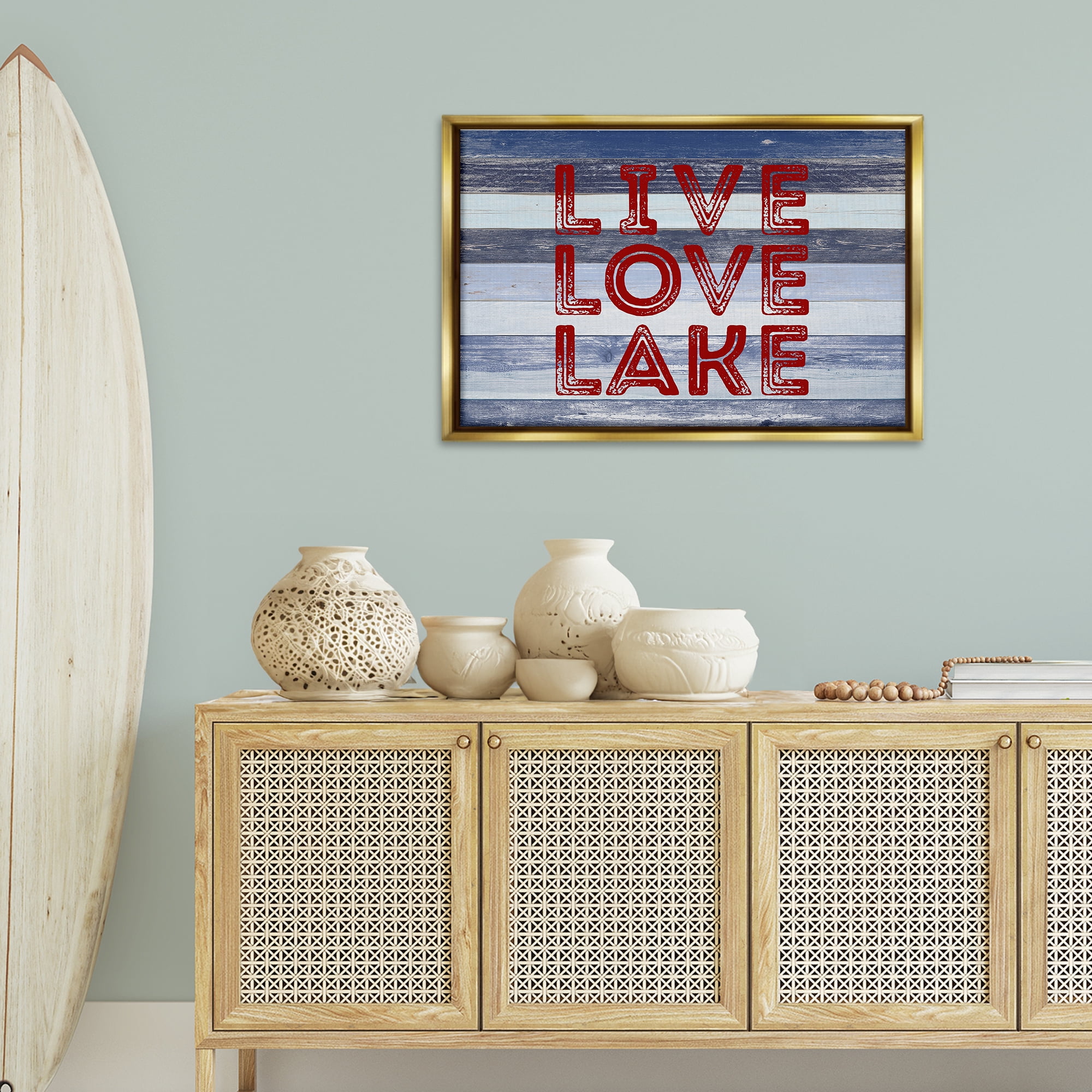 Stupell Industries Live Love Lake Striped Nautical & Beach Painting Gold Floater Framed Canvas Art Print Wall Art, 31 x 21