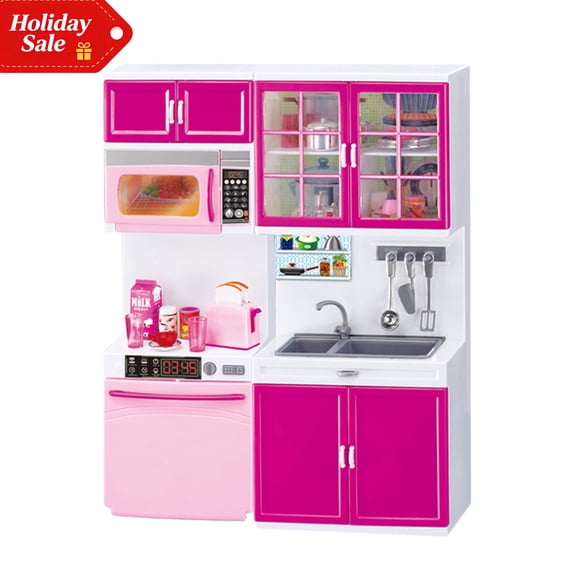Kitchen Play Set for Toddlers, Mini Kitchen Set with Realistic Refrigerator, Indoor Cooking Playset for Boys Girls, Educational Toys for 2  Years, Christmas Stocking Stuffers for Toddler Gifts (E)