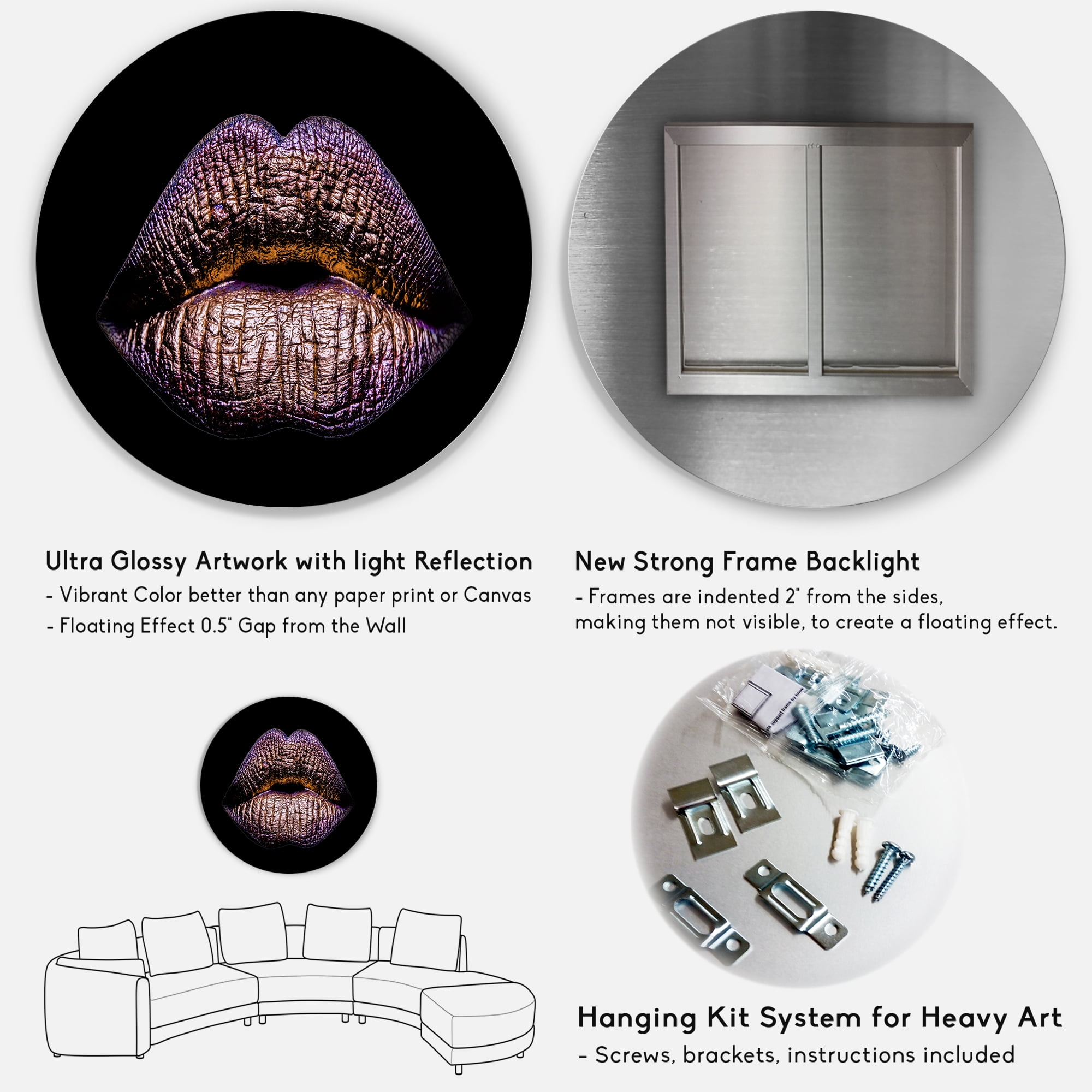 Designart 'Sexy Golden Metallized Woman Lips V' Modern Circle Metal Wall Art 36x36 - Disc of 36