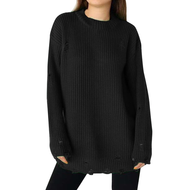 Gibobby Sueteres Para Mujeres Calientitos Elegantes Suéter suelto con agujeros de color sólido Longitud media Otoño e invierno(Negro,M)