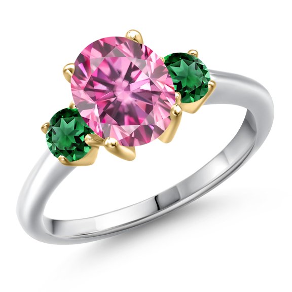 Gem Stone King 10K Two Tone Gold Pink Moissanite and Green Nano Emerald Engagement Ring for Women | 2.60 Cttw | Oval 9X7MM | Gemstone Birthstone | Size 6