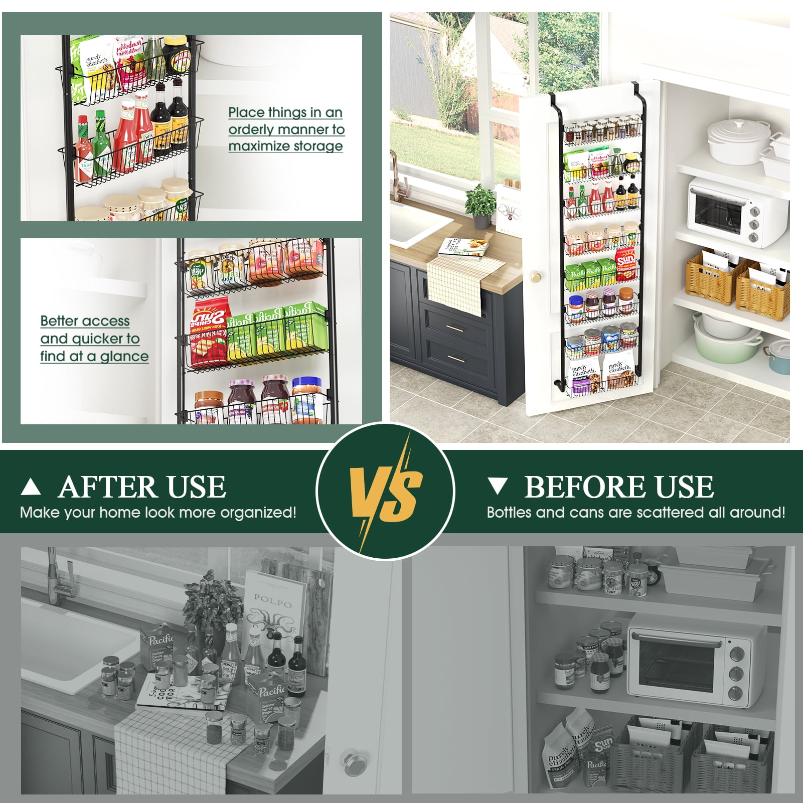 Yeabett 8-Tier Over the Door Pantry Organizer, Larger Baskets Metal Pantry Organization and Storage, Door Back Hanging Space Saver for Kitchen, Laundry, Bathroom, Black