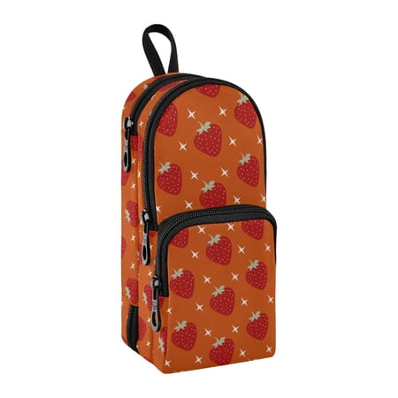 Backpack-Shaped Pencil Pouch 3-Compartment Large Capacity Stationery School Organizer Strawberry and White Stars Pattern