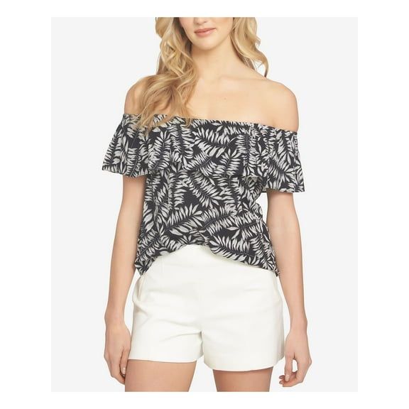 1. STATE Womens Black Leaves Short Sleeve Off Shoulder Top Size: S