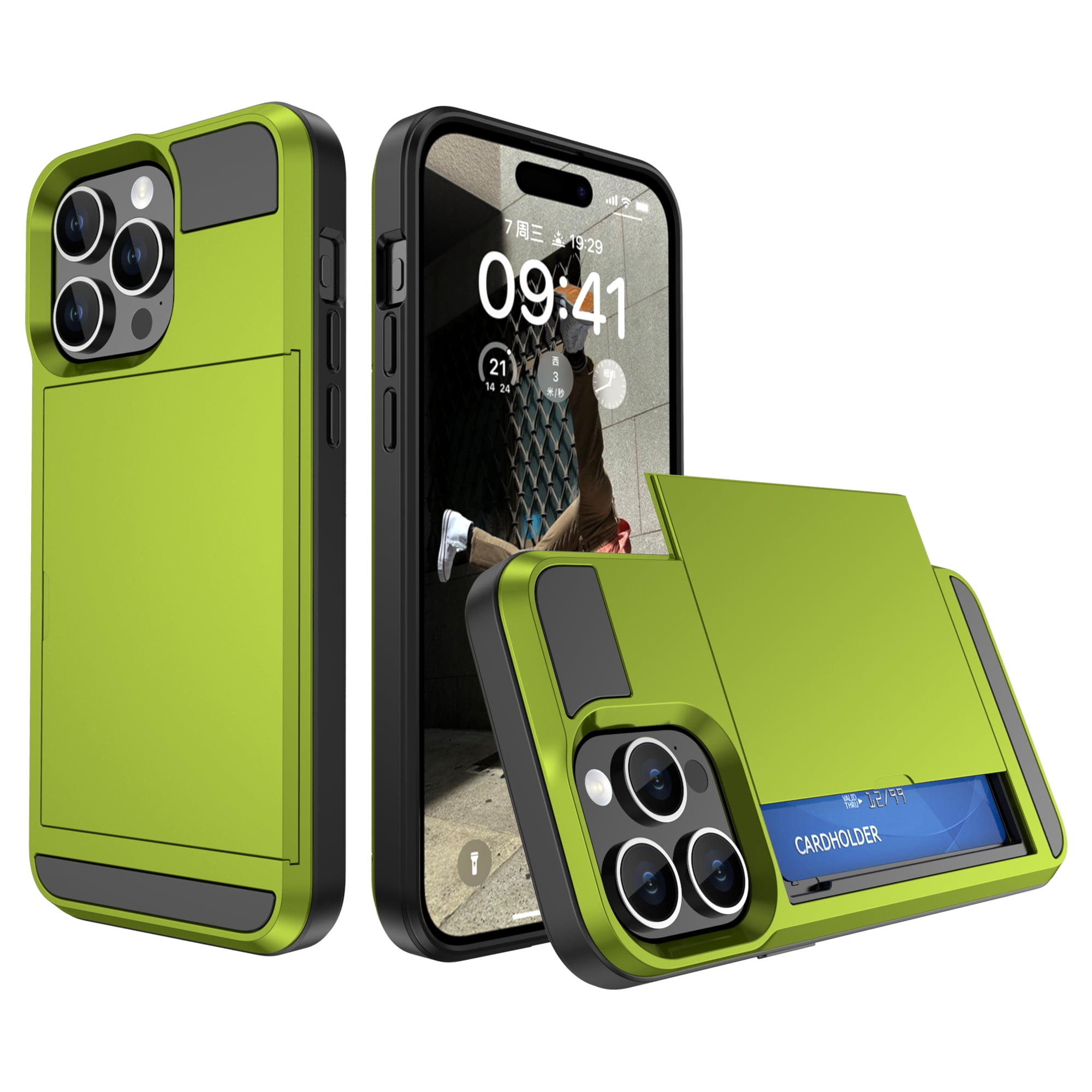 TECH CIRCLE Case for for iPhone 15 (6.1") 2023 - [Sliding Card Holder] Slim Lightweight Durable Silicone Hard Plastic Hybrid Basic Phone Case Back Cover Shell, Yellow Green