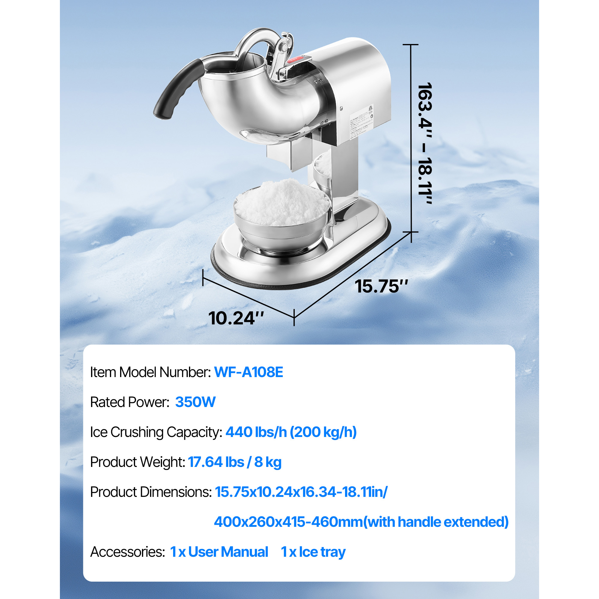 KFFKFF Electric Ice Crusher Machine, 440lbs/H Shaved Ice Maker with 4 Blades, Stainless Steel Design, 350W 1400RPM Snow Cone Machine for Home and Business Use, Includes Bowl and Cover, Silver