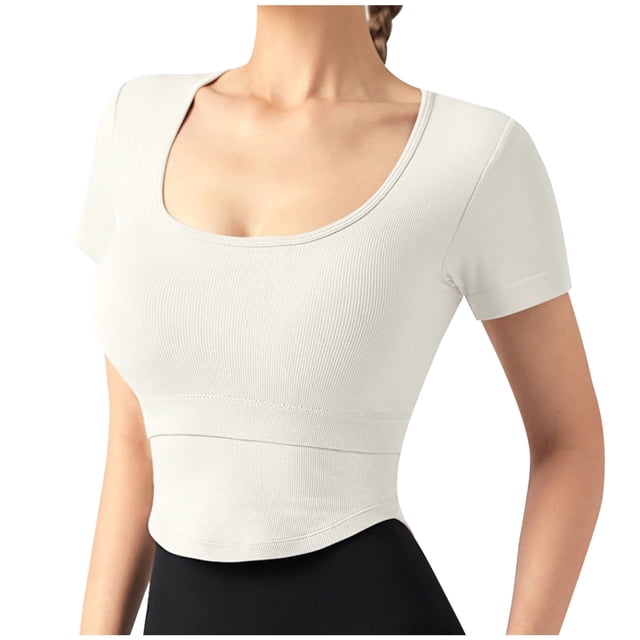 Timegard Hauts d'Entraînement pour Femmes avec Soutien-Gorge Intégré Col Rond Manches Courtes Hauts Courts Ajustés Hauts de Yoga Athlétiques