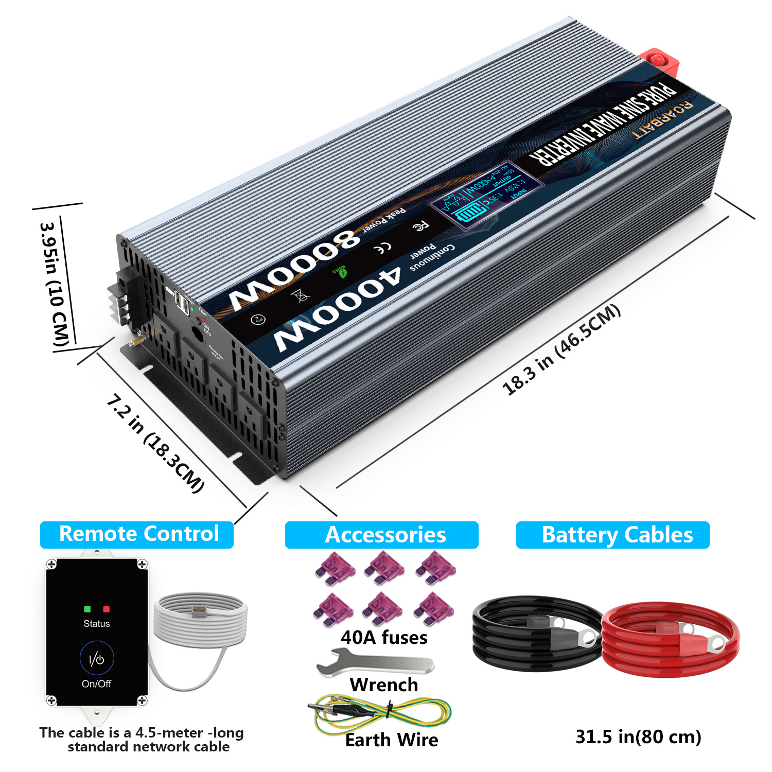 ROARBATT 12V 4000-Watt Continuous 8000-Watt Surge Power Inverter with LCD Display