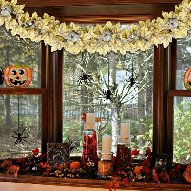 Guirnalda de hojas de arce artificiales de 170 cm, decoración de otoño, Acción de Gracias y Halloween, follaje de ratán sintético amarillo para decoración de fiestas de temporada en interiores y
