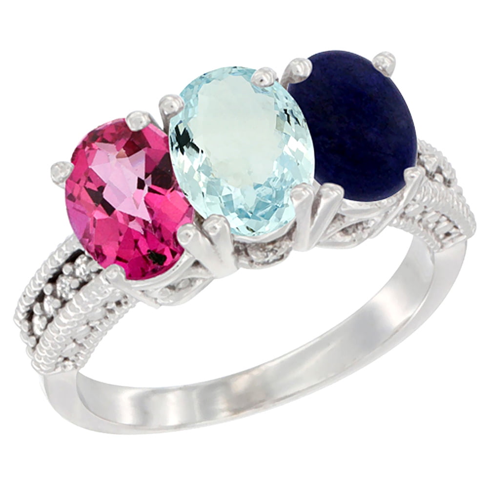 14K White Gold Natural Pink Topaz, Aquamarine & Lapis Ring 3-Stone 7x5 mm Oval Diamond Accent, sizes 5 10 by WorldJewels