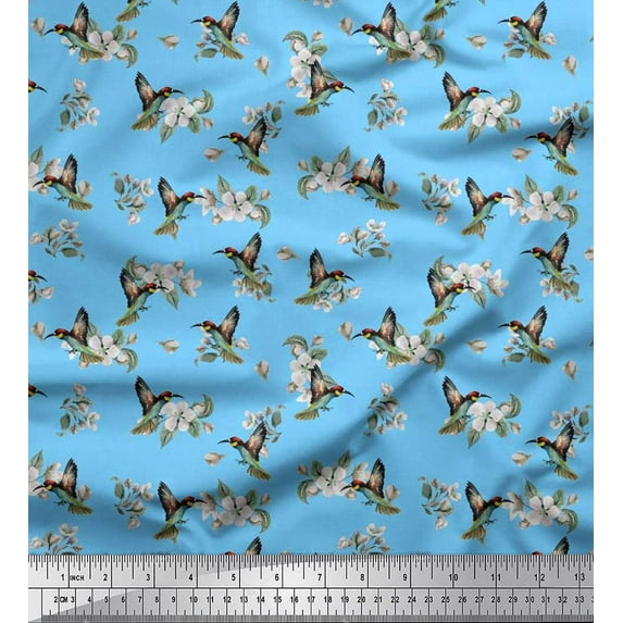 Soimoi polyester Crepe Fabric Leaves,White Floral & Hummingbird Fabric Prints by Yards 42 Inch Wide