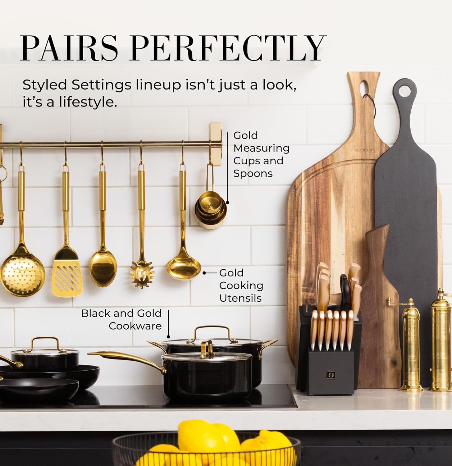 Styled Settings Gold Kitchen Knives & Cutlery Set, Black and Gold, 14-Piece