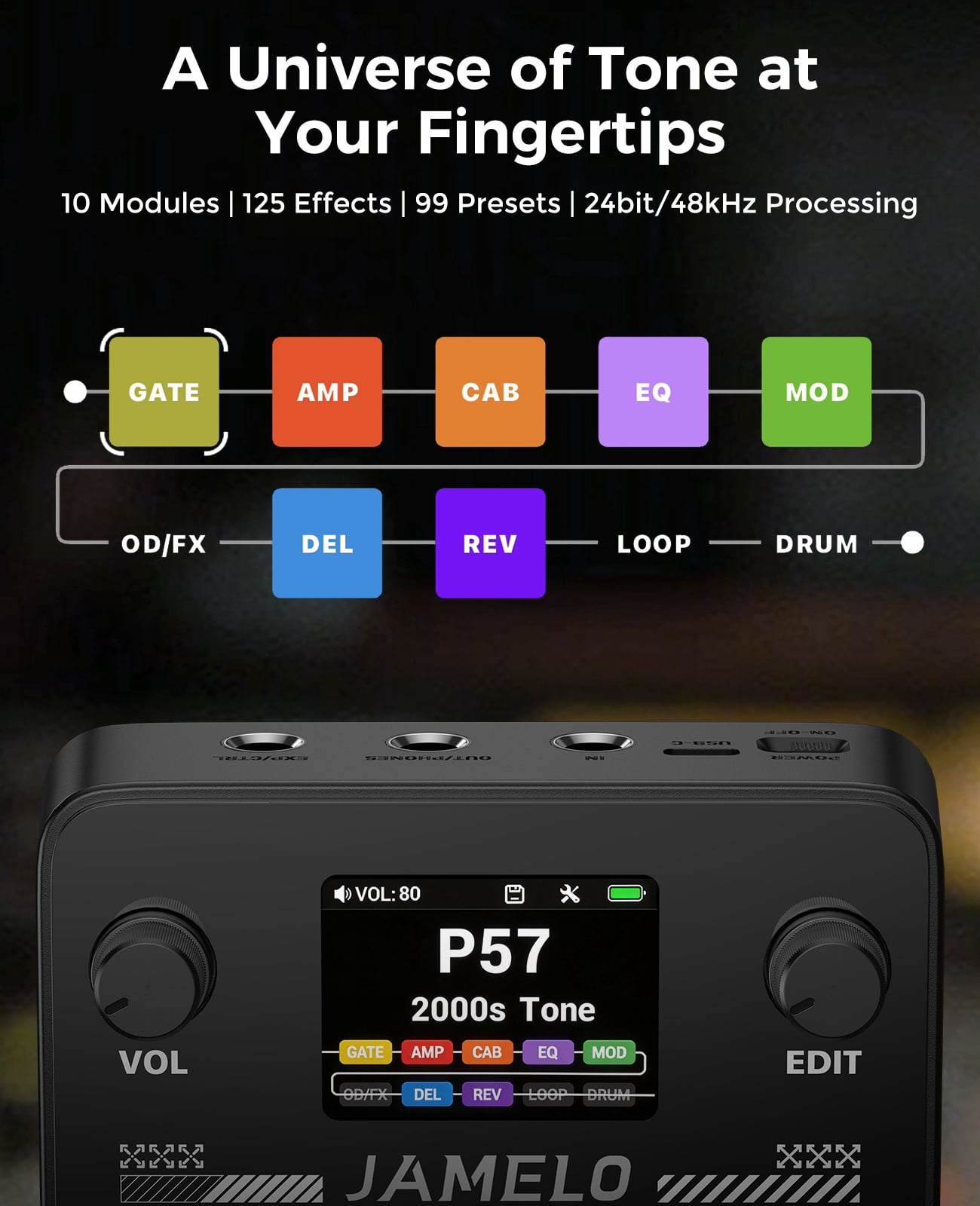 JAMELO Portable Pocket Multi Effects Pedal, 100+ Built-in Guitar/Bass/Acoustic Effects, Amp Modeling, IR Cabinets Simulation, Stereo OTG USB Audio Interface, Rechargeable Guitar Pedal