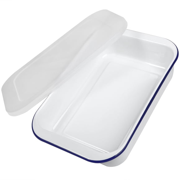 Webake Enamelware 9x13 Baking Pan Oblong Cake Pan Enameled Steel Roasting Pan Baking Dish Lasagna Pan Food Containers, Solid White with Blue