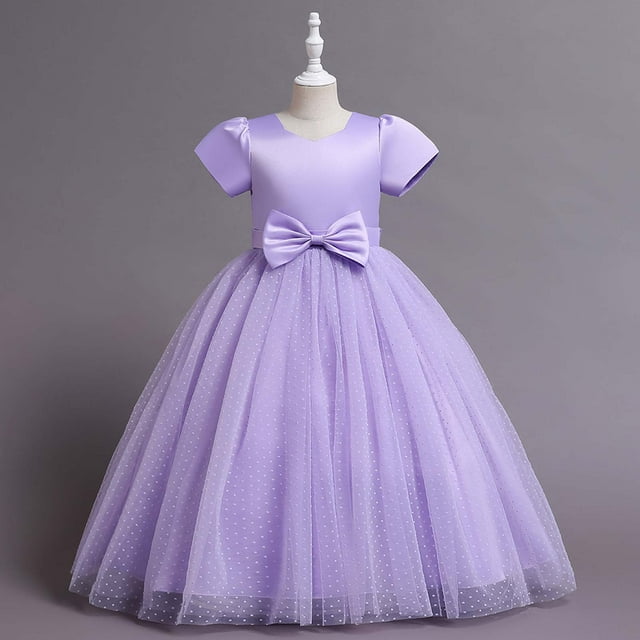 VKOYWKM Robe de Demoiselle d'Honneur en Tulle pour Mariage, Robes Tutu Élégantes à Manches Courtes, Col Rond, Robe de Princesse pour Concours, Robe de Soirée, Robe de Bal avec Nœud