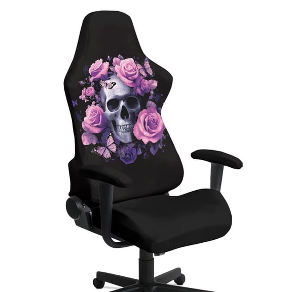 SCRAWLGOD Skull Rose Butterfly Print Violet Black Print 4 Pieces Gaming Chair Cover, Breathable Computer Chair Cover with Armrest Covers Washable Slipcover for Gaming Rotating Chair with Elastic Band