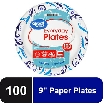 Great Value Everyday Disposable Paper Plates, 9in, 100ct