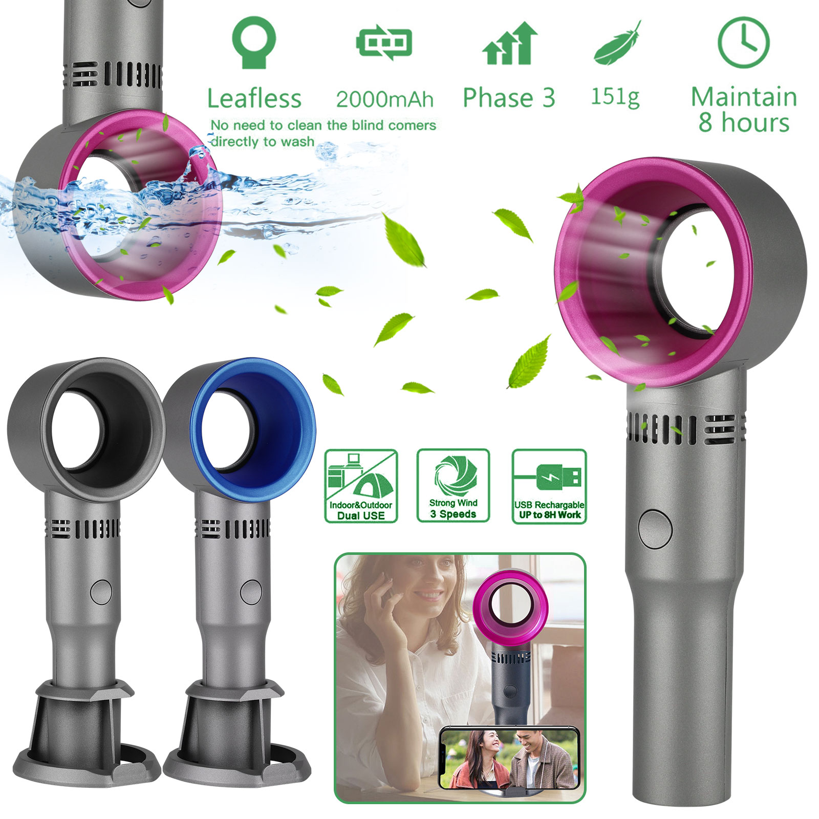 Bladeless Handheld Fan USB Rechargeable 3 Speeds Mini Cooler for Outdoor Travel