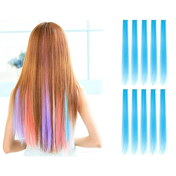 OneDor 23 Inch Colored Party Highlights Straight Hair Clip Extensions. Heat-Resistant Synthetic Hair Extensions in Multiple Colors (10 Pcs Sky Blue) …