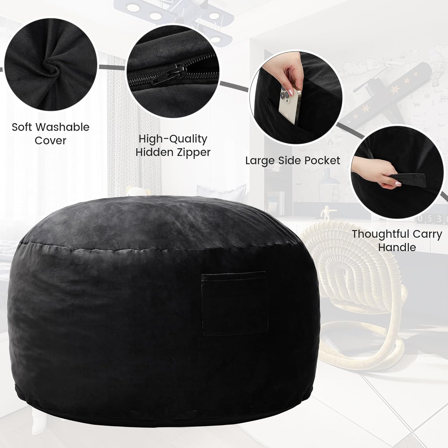 4 FT Bean Bag Chair for Adults, Teens, or Kids, Adult Size Beanbag Chair, Luxurious Memory Foam Filling, Washable Velvet Cover, Perfect for Living Room, Den, Bedroom, or Dorm, Black