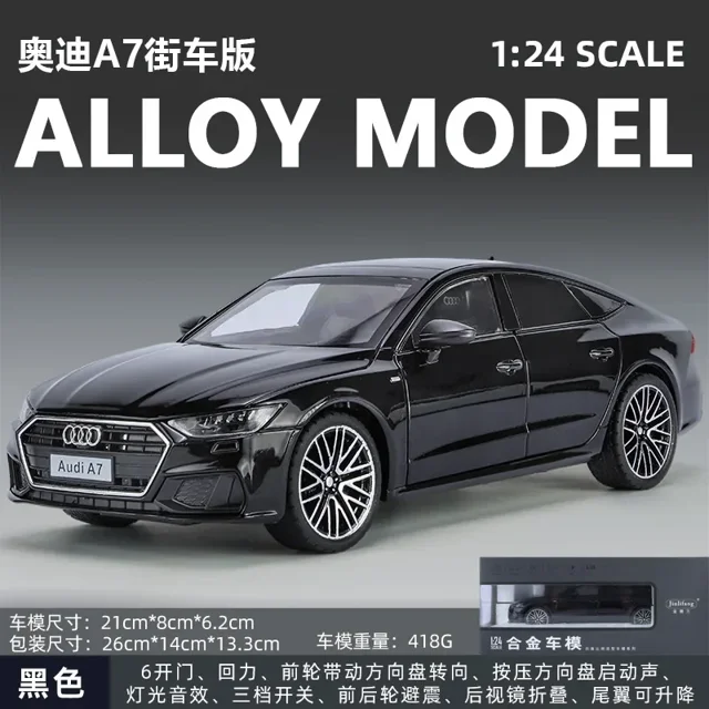 1:24 Audi A7 Toy Car Model Diecast Alloy Vehicle Miniature Pull Back Sound & Light Doors Openable Collection Gift For Boy Kid black with box