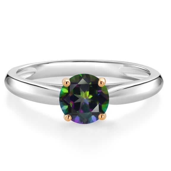 Gem Stone King 1.00 Ct Round Green Mystic Topaz 10K White and Yellow Gold Solitaire Engagement Ring (Size 6)