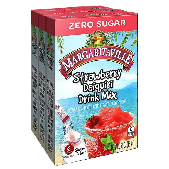 Margaritaville Singles To Go Water Drink Mix - Strawberry Daiquiri Flavored, Non-Alcoholic Powder Sticks (3 Boxes with 6 Packets Each - 18 Total Servings), 0.65 Ounce (Pack of 3)