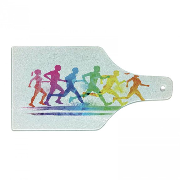 Running Cutting Board, Group of Men and Women Athletes Trying to Stay Fit Exercising Workout Colorful, Decorative Tempered Glass Cutting and Serving Board, in 3 Sizes, by Ambesonne