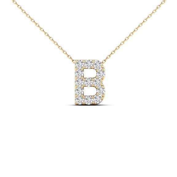 0.13 Carat Natural White Diamond Initial "B" Pendant Necklace In 14K Yellow and White Gold with 18" Gold Cable Chain|Silver Chain
