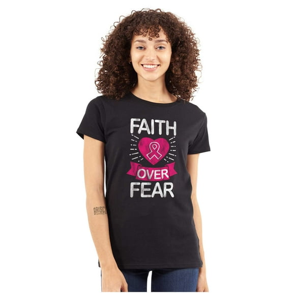 Faith Over Fear Breast Cancer Ribbon Womens Slim Fit Graphic Tee Brisco Brands S