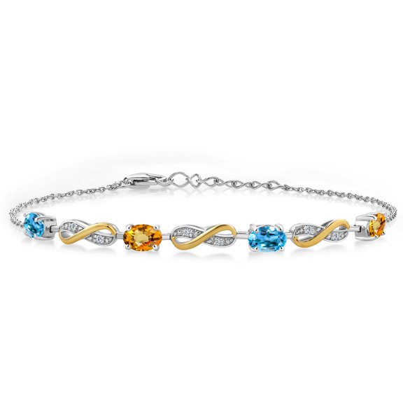Gem Stone King 2.38 Ct Swiss Blue Topaz Yellow Sapphire 925 Silver and 10K Yellow Gold Lab Grown Diamond Infinity Bracelet for Women Mother's Mom Wife Her, Fully Adjustable up to 7.5 inch)