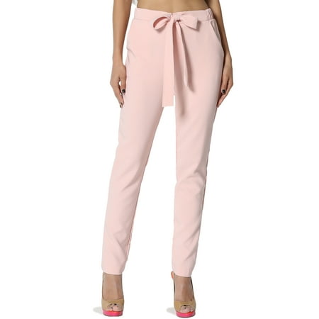 TheMogan Women's Bow Belt Stretch Crepe Tapered Leg High Waisted Trouser