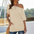 thumbnail image 2 of Olyvenn Fashion Womens Stylish Off The Shoulder Tops Summer Short Batwing Sleeve Loose T-Shirts Solid Color Casual Tunic Shirts Khaki 10, 2 of 6